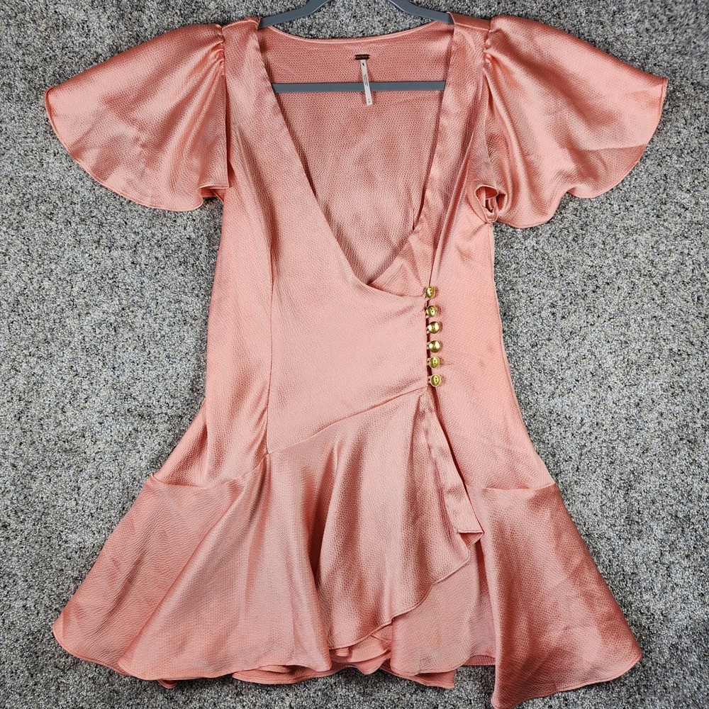 Free People Mini Dress Womens XS Pink Satin Flutter Sleeve Gold Button Excellent